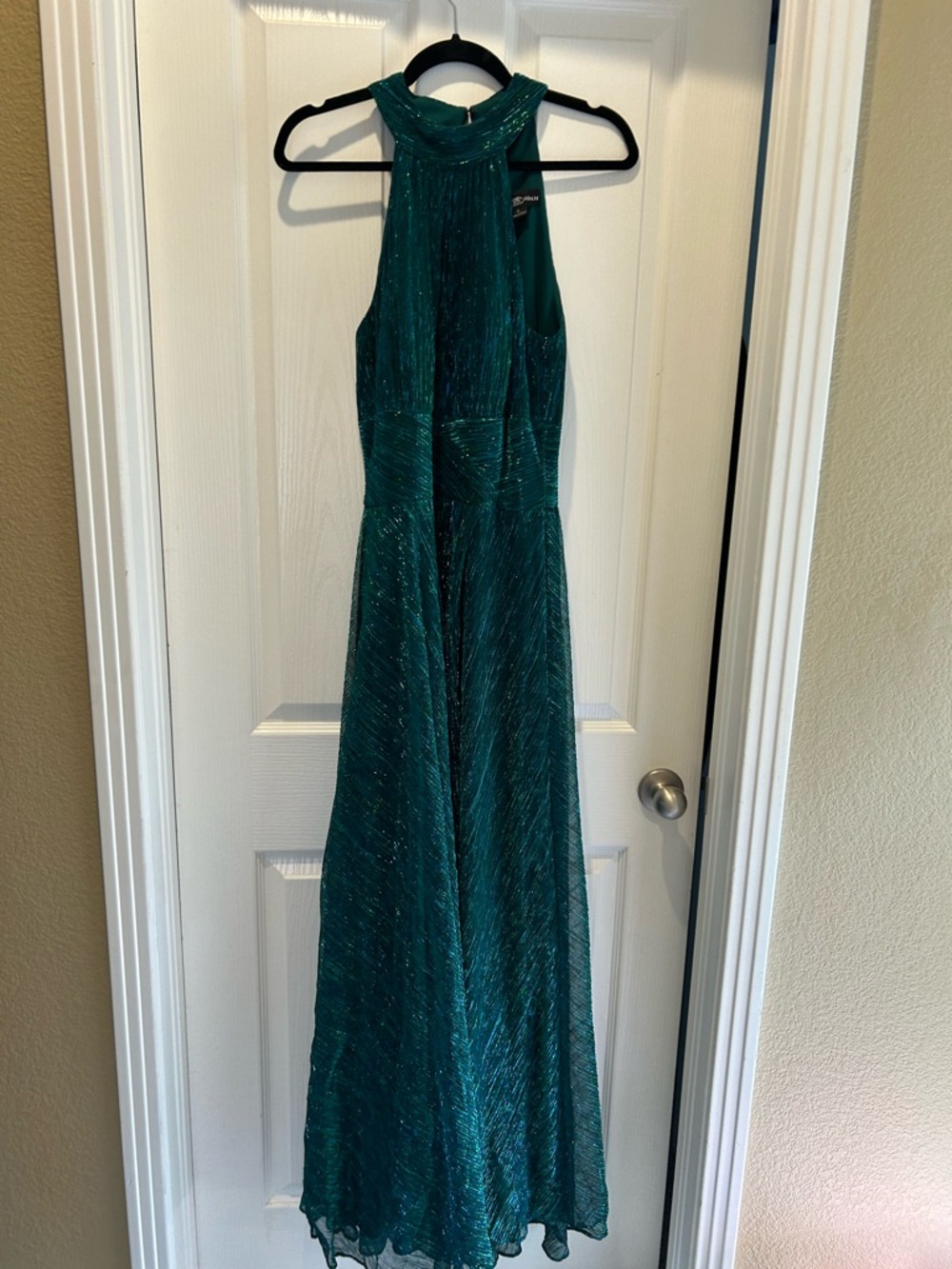 Betsy & Adam Halter Mock Neck Crinkle Faux Wrap Gown in Jade
